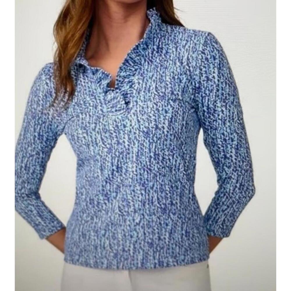 J Mclaughlin XS Blue Patterned Ruffle Neck 3/4 Sleeve Top - Picture 2 of 8